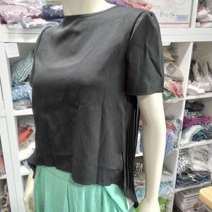 Women's Round Neck Pleated High Low Hem Summer Top Black NEW